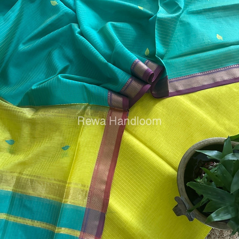Maheshwari Yellow-Sea Green Motifs Top-Dupatta Set PST0158