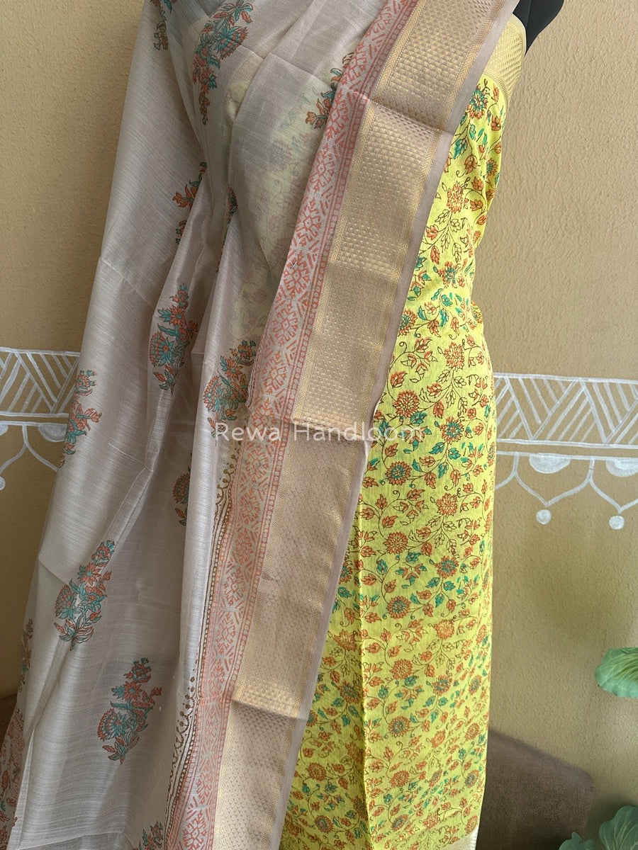 Maheshwari Yellow-Tussar Handblock Print Top-Dupatta HBS065