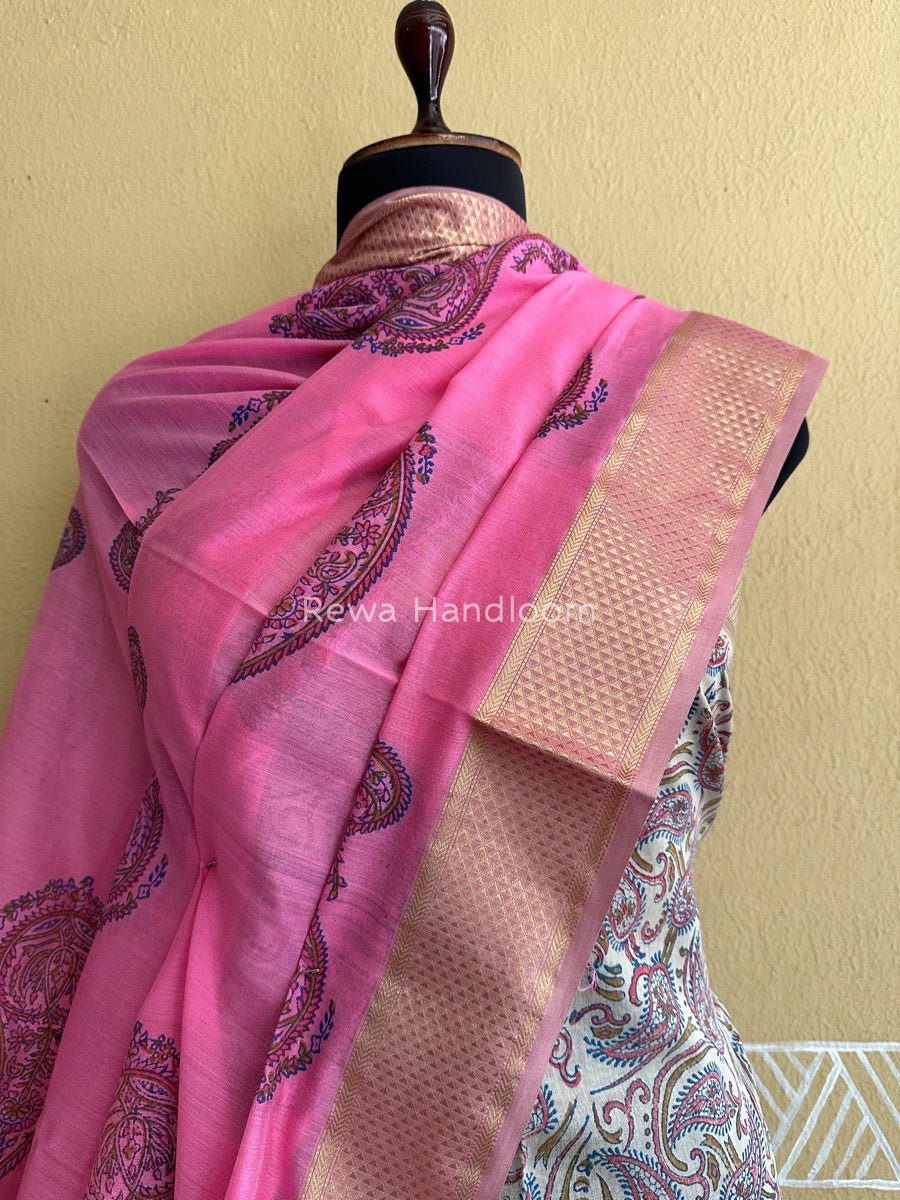 Maheshwari Beige-Rani Pink Handblock Print Top-Dupatta HBS069