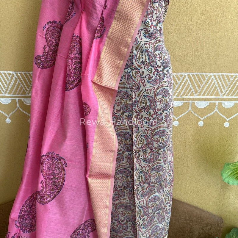 Maheshwari Beige-Rani Pink Handblock Print Top-Dupatta HBS069