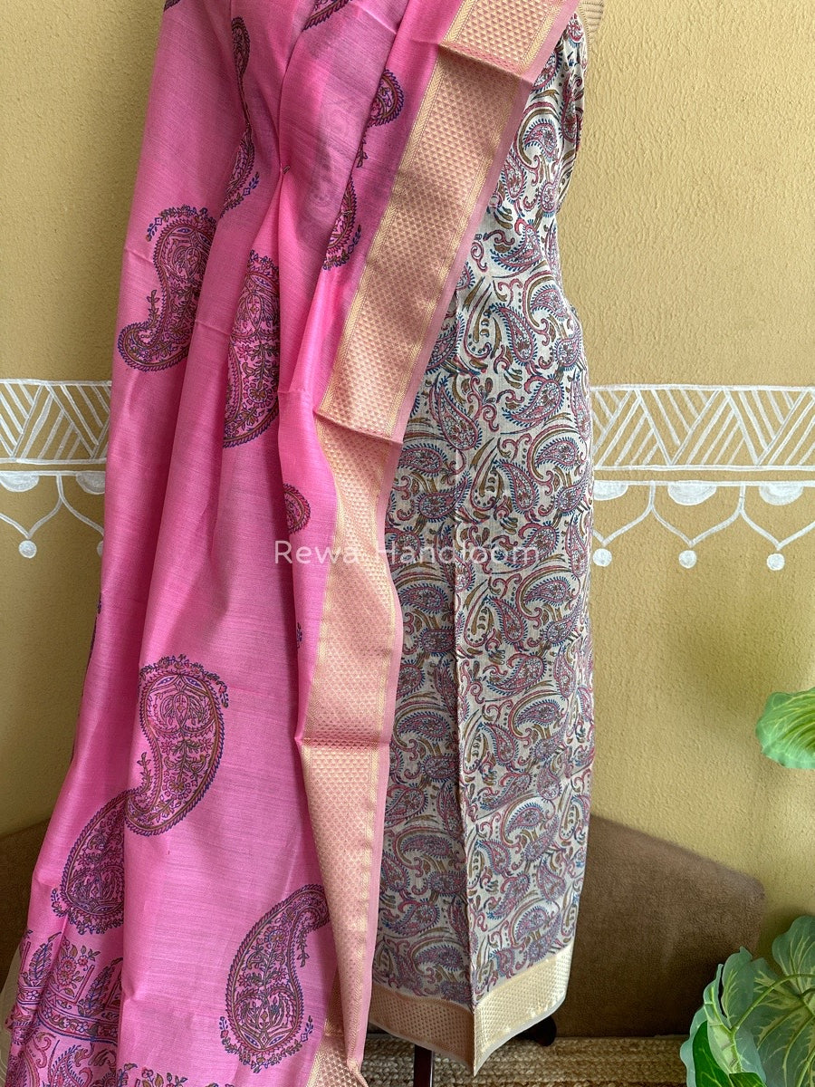 Maheshwari Beige-Rani Pink Handblock Print Top-Dupatta HBS069