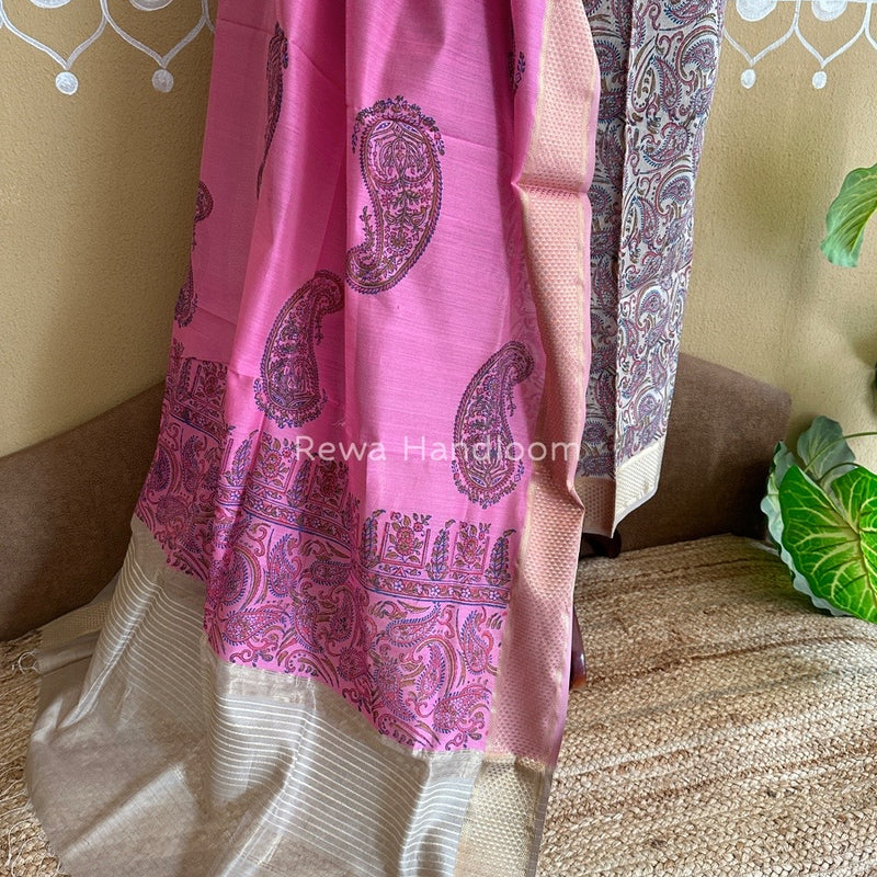 Maheshwari Beige-Rani Pink Handblock Print Top-Dupatta HBS069