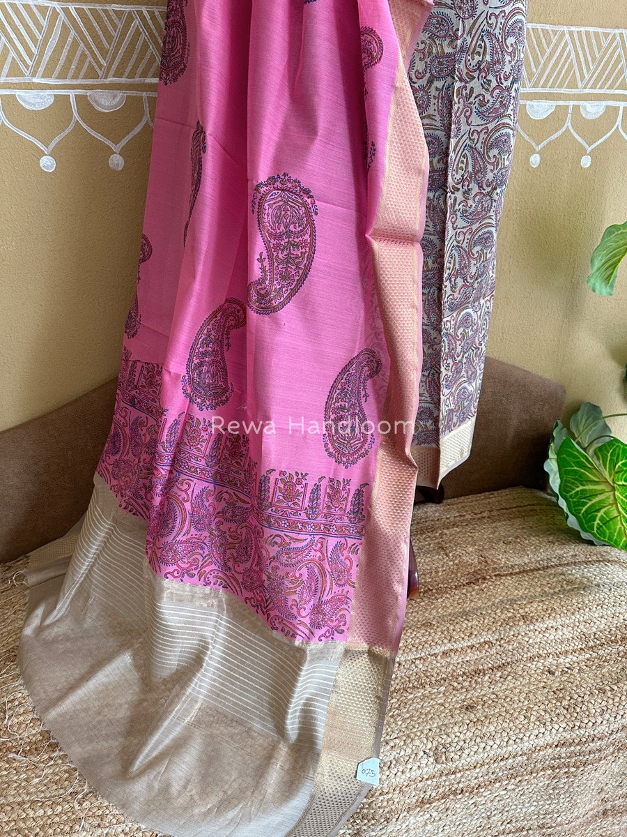 Maheshwari Beige-Rani Pink Handblock Print Top-Dupatta HBS069