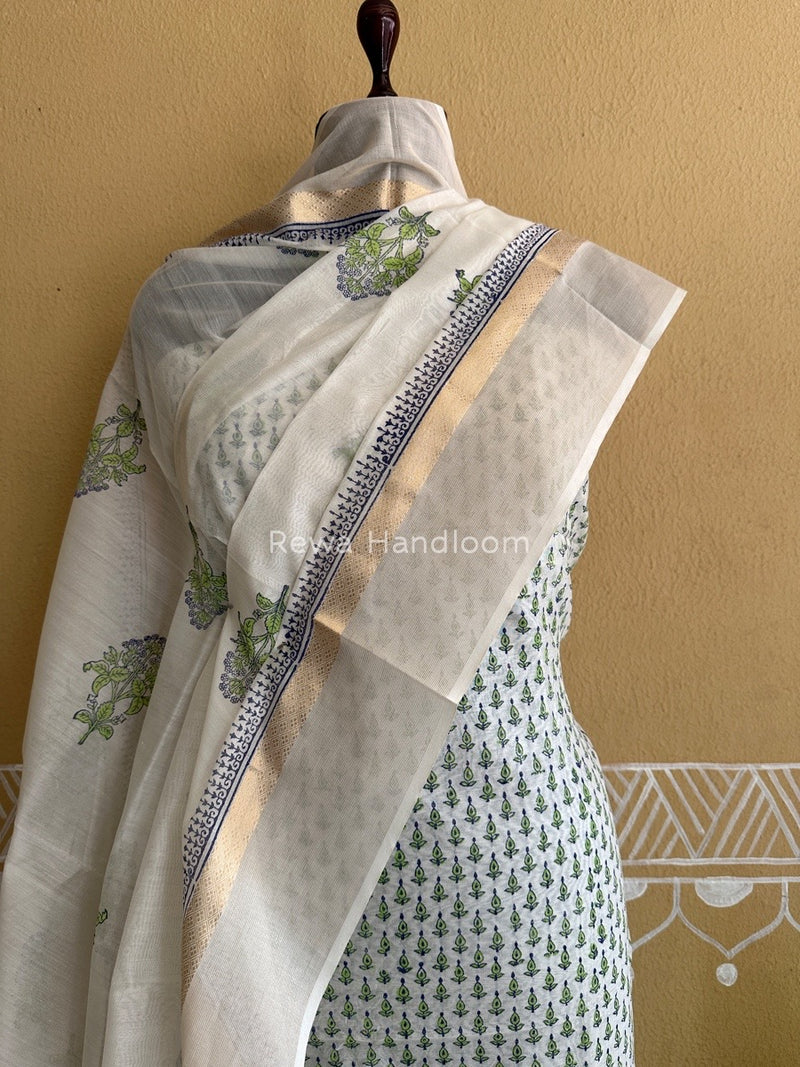 Maheshwari Parrot Green-White Handblock Print Top-Dupatta HBS093