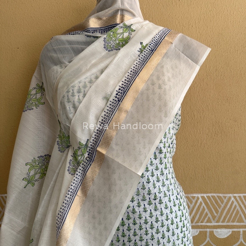 Maheshwari Parrot Green-White Handblock Print Top-Dupatta HBS093