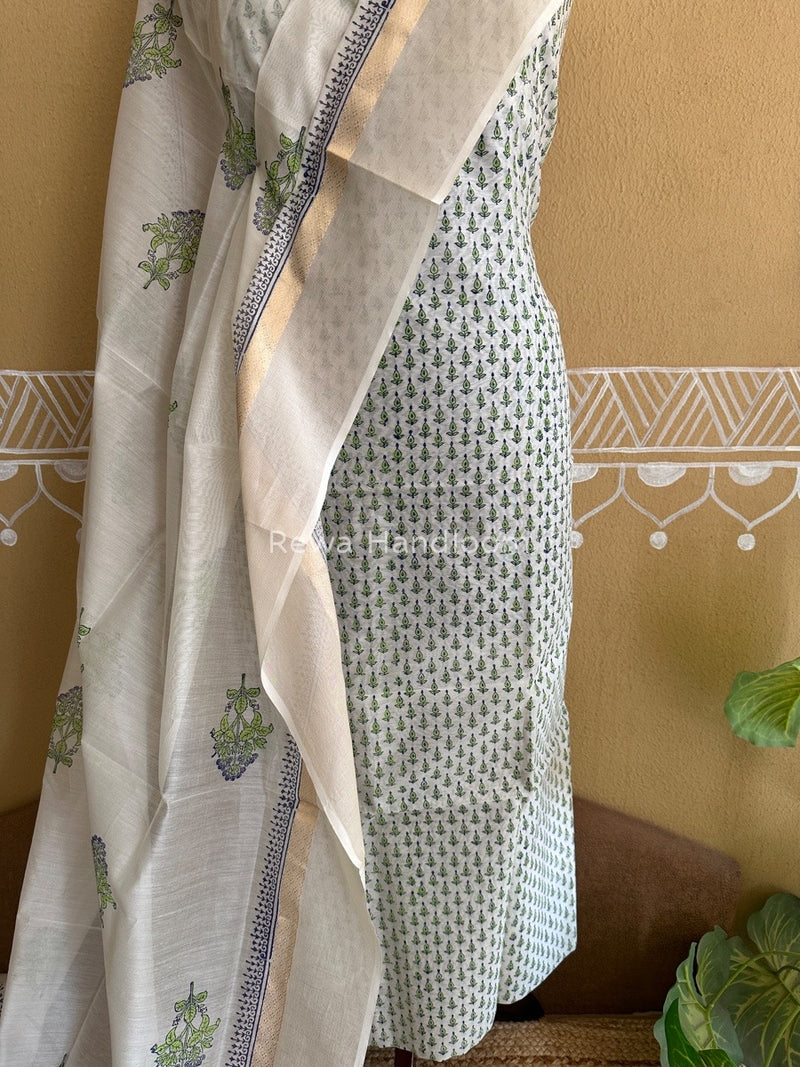 Maheshwari Parrot Green-White Handblock Print Top-Dupatta HBS093