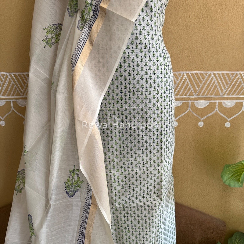 Maheshwari Parrot Green-White Handblock Print Top-Dupatta HBS093