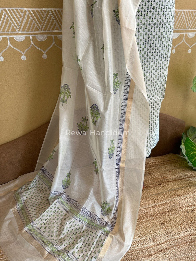 Maheshwari Parrot Green-White Handblock Print Top-Dupatta HBS093