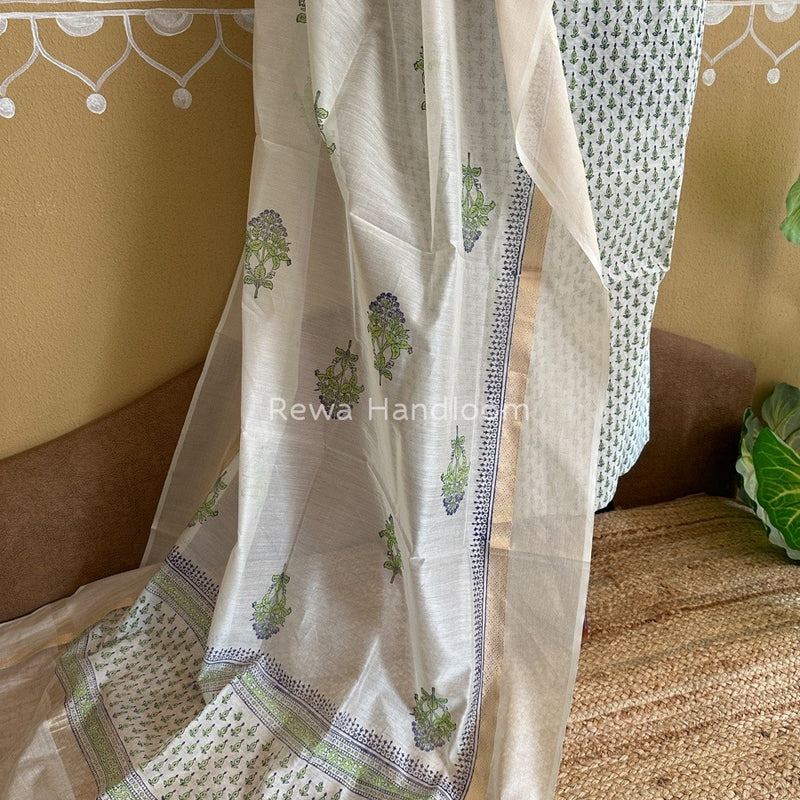 Maheshwari Parrot Green-White Handblock Print Top-Dupatta HBS093