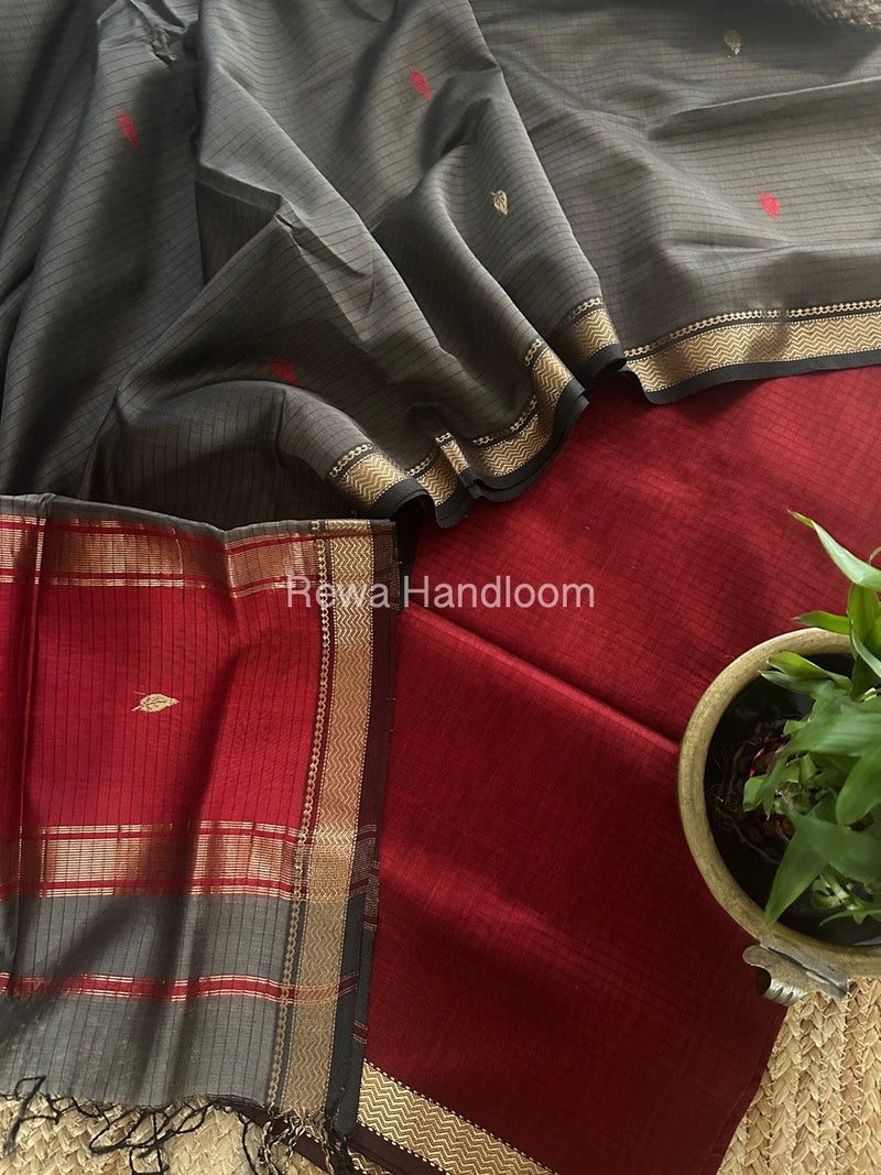 Maheshwari Red-Grey Motifs Top-Dupatta Set PST0155