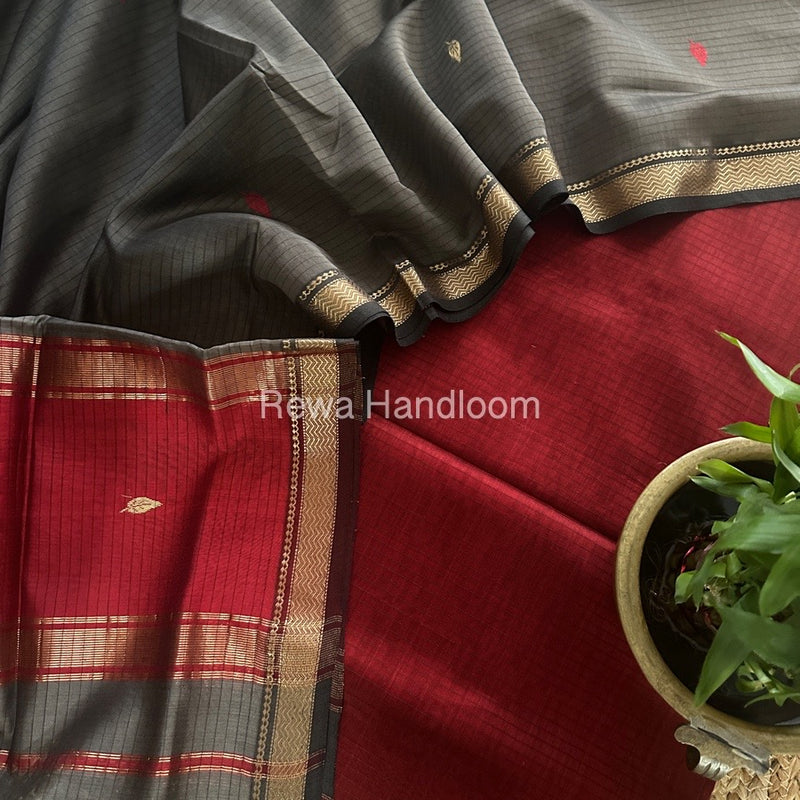 Maheshwari Red-Grey Motifs Top-Dupatta Set PST0155