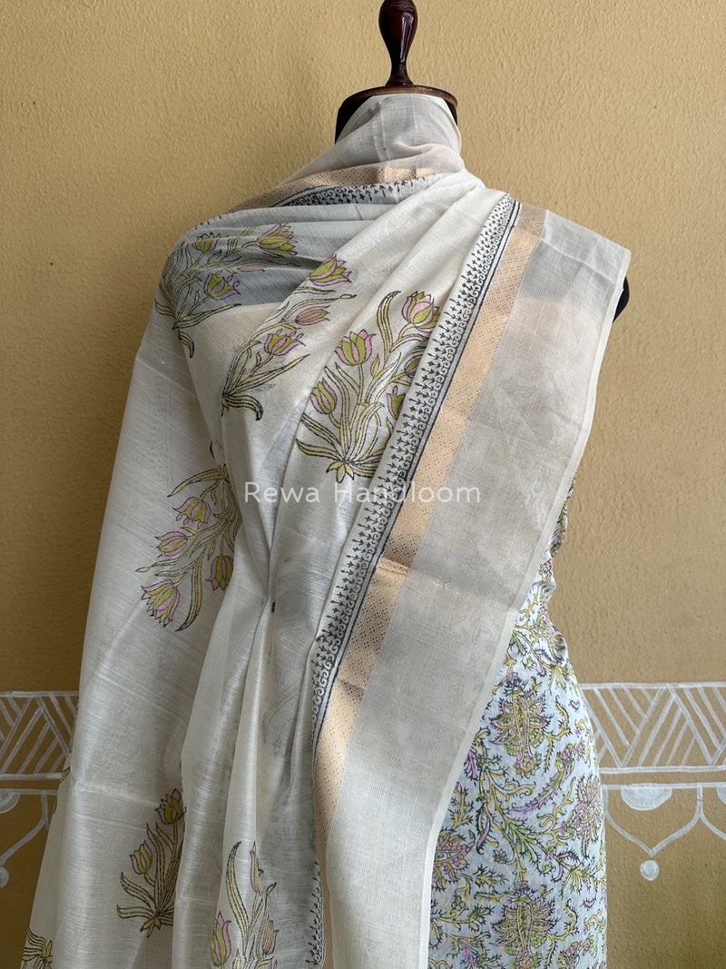Maheshwari White Handblock Print Top-Dupatta HBS0106