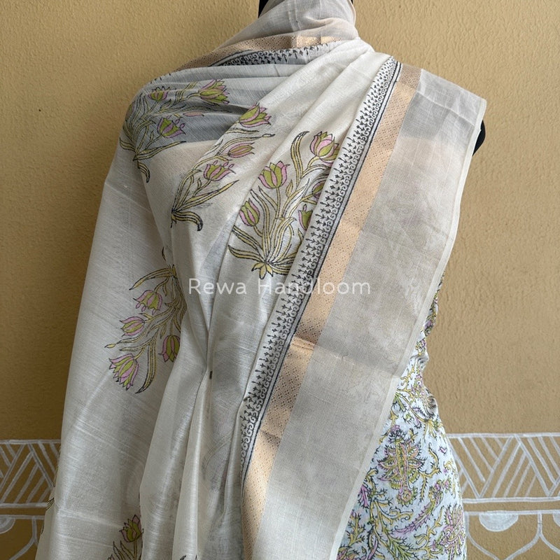 Maheshwari White Handblock Print Top-Dupatta HBS0106