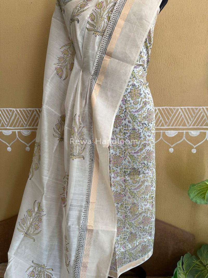 Maheshwari White Handblock Print Top-Dupatta HBS0106