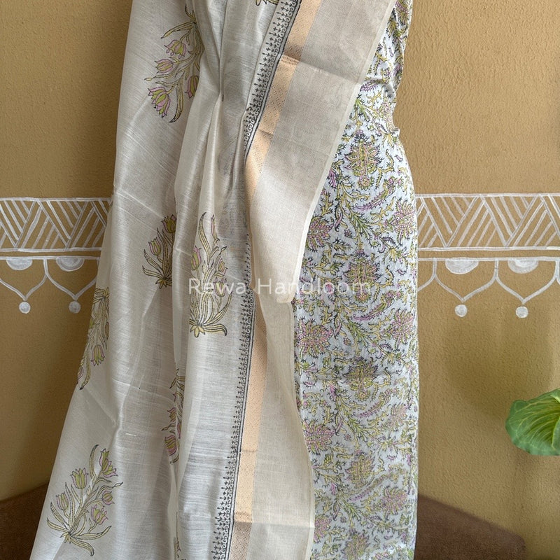 Maheshwari White Handblock Print Top-Dupatta HBS0106