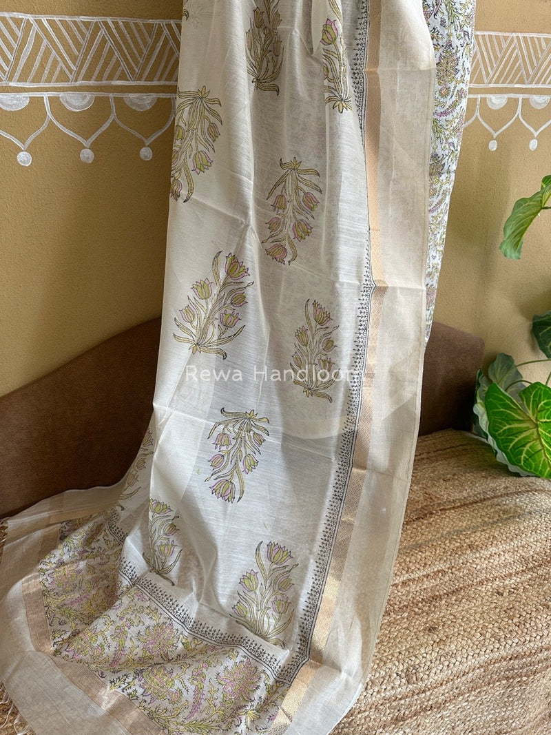 Maheshwari White Handblock Print Top-Dupatta HBS0106