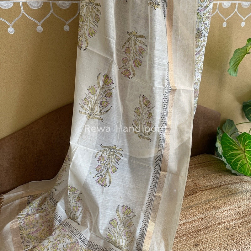 Maheshwari White Handblock Print Top-Dupatta HBS0106