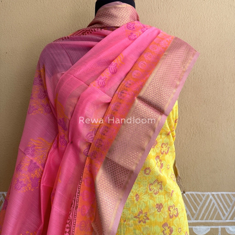 Maheshwari Yellow-Pink Handblock Print Top-Dupatta HBS053