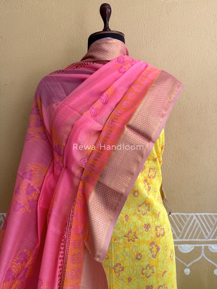 Maheshwari Yellow-Pink Handblock Print Top-Dupatta HBS053