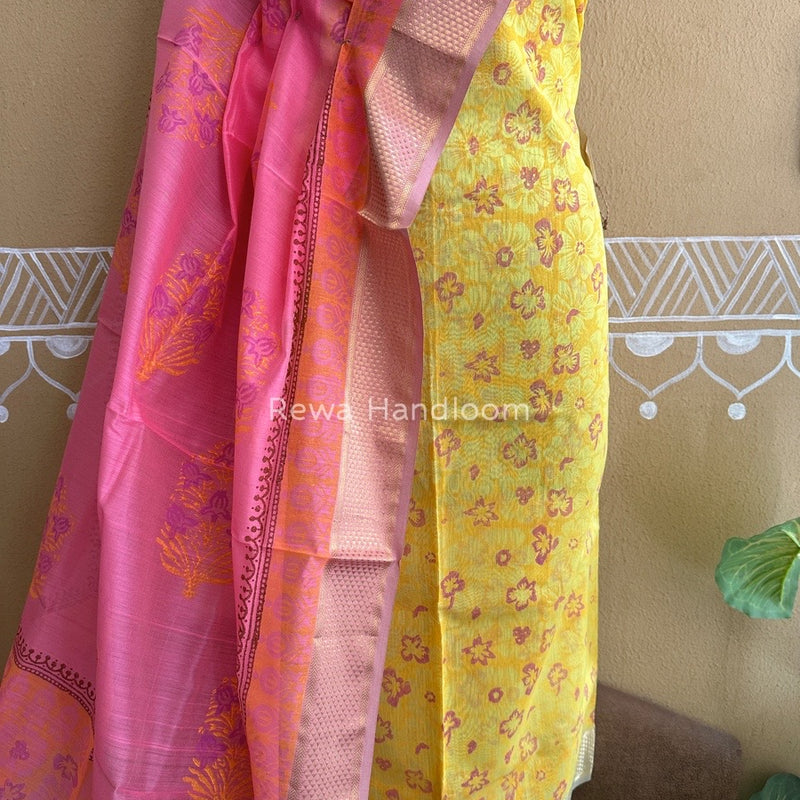 Maheshwari Yellow-Pink Handblock Print Top-Dupatta HBS053
