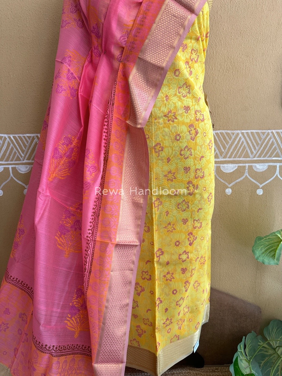 Maheshwari Yellow-Pink Handblock Print Top-Dupatta HBS053