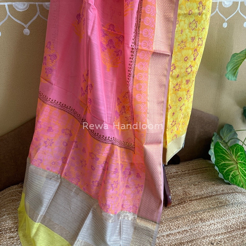 Maheshwari Yellow-Pink Handblock Print Top-Dupatta HBS053