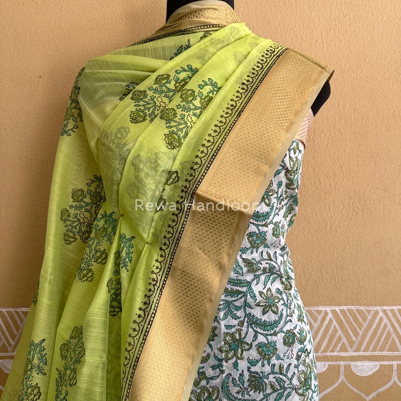 Maheshwari White-Parrot Green Handblock Print Top-Dupatta HBS032