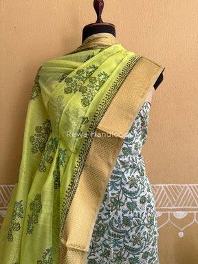 Maheshwari White-Parrot Green Handblock Print Top-Dupatta HBS032