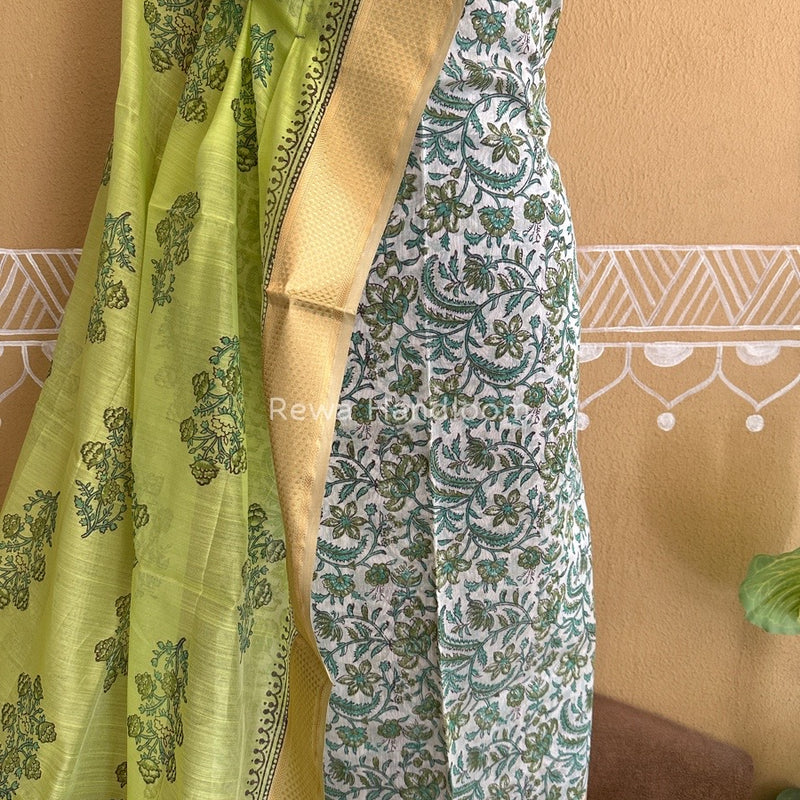 Maheshwari White-Parrot Green Handblock Print Top-Dupatta HBS032