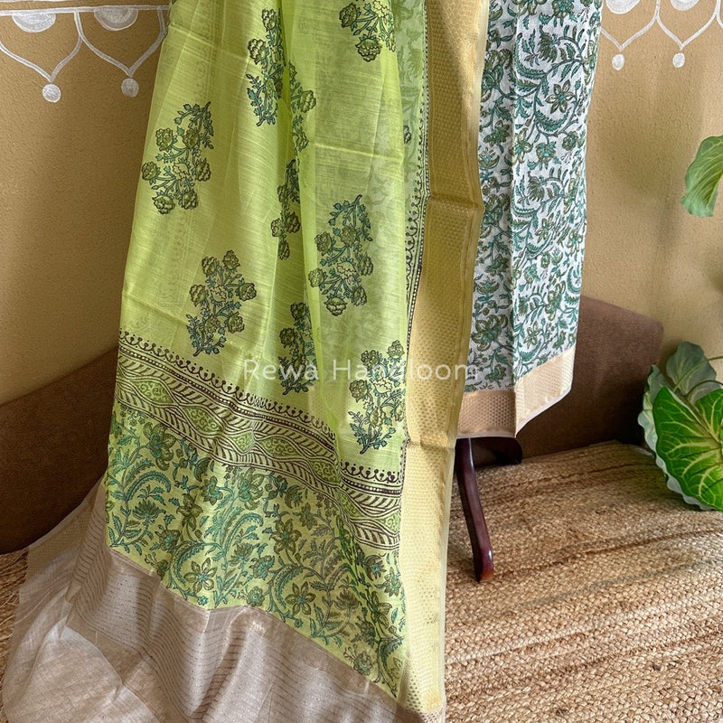 Maheshwari White-Parrot Green Handblock Print Top-Dupatta HBS032