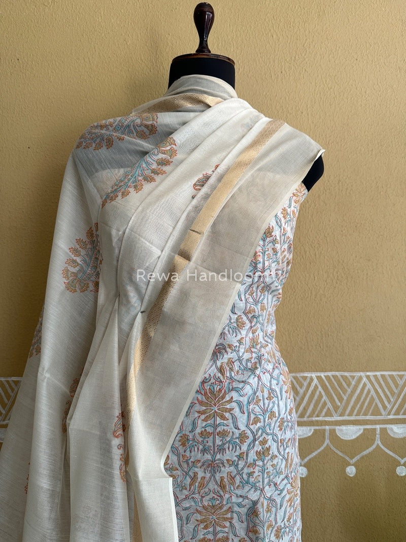 Maheshwari White Handblock Print Top-Dupatta HBS094