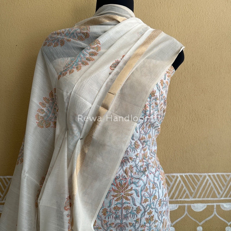 Maheshwari White Handblock Print Top-Dupatta HBS094