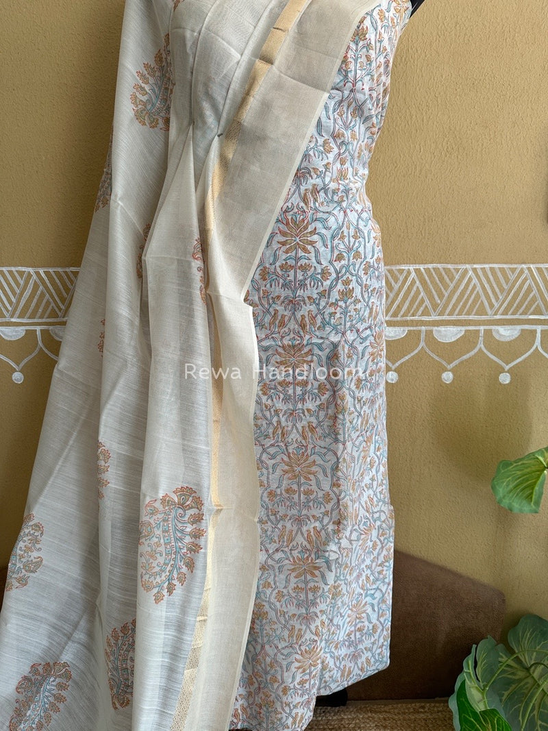 Maheshwari White Handblock Print Top-Dupatta HBS094