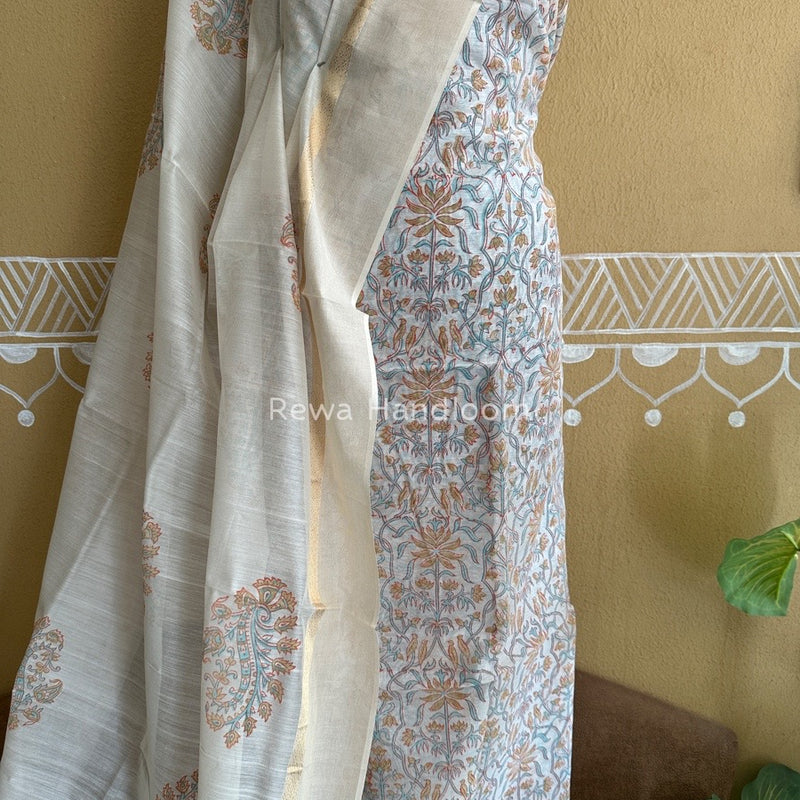 Maheshwari White Handblock Print Top-Dupatta HBS094