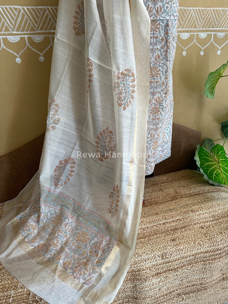Maheshwari White Handblock Print Top-Dupatta HBS094
