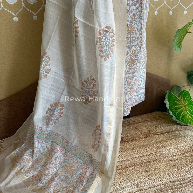 Maheshwari White Handblock Print Top-Dupatta HBS094