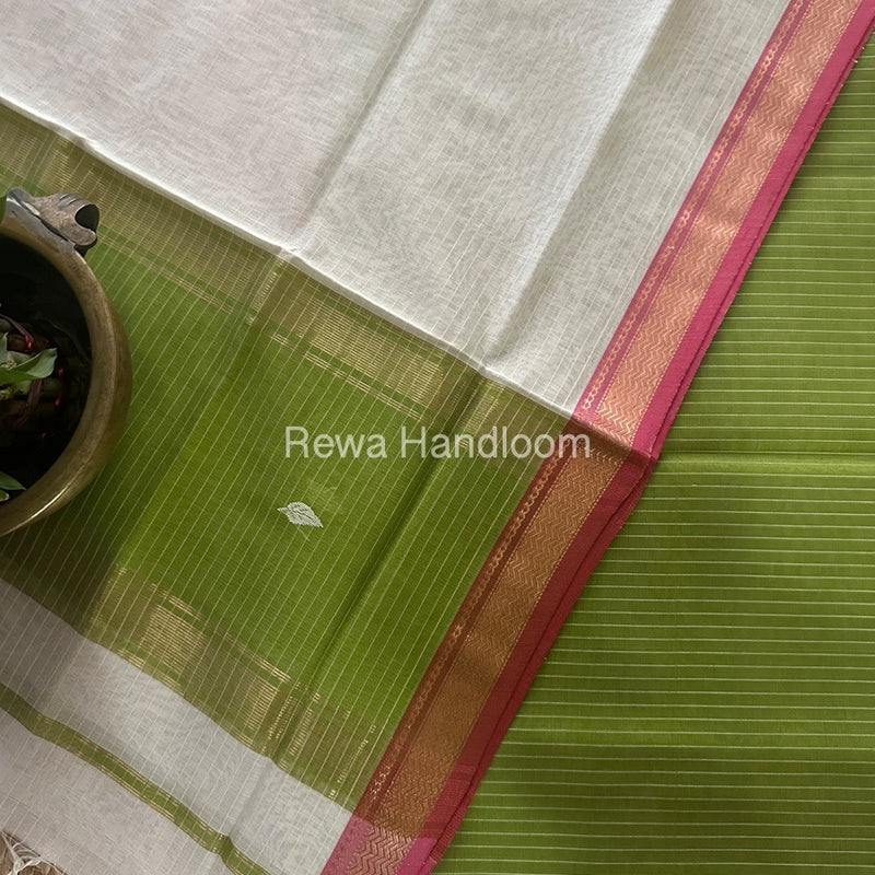 Maheshwari Mehendi Green-White Motifs Top-Dupatta Set PST0141