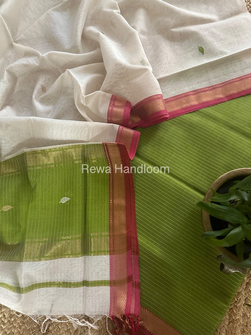 Maheshwari Mehendi Green-White Motifs Top-Dupatta Set PST0141