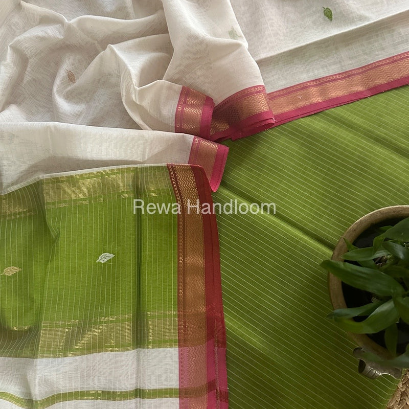 Maheshwari Mehendi Green-White Motifs Top-Dupatta Set PST0141