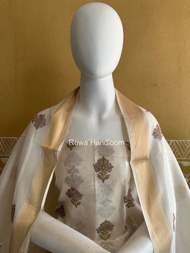 Maheshwari White Handblock Print Top-Dupatta HBS0154