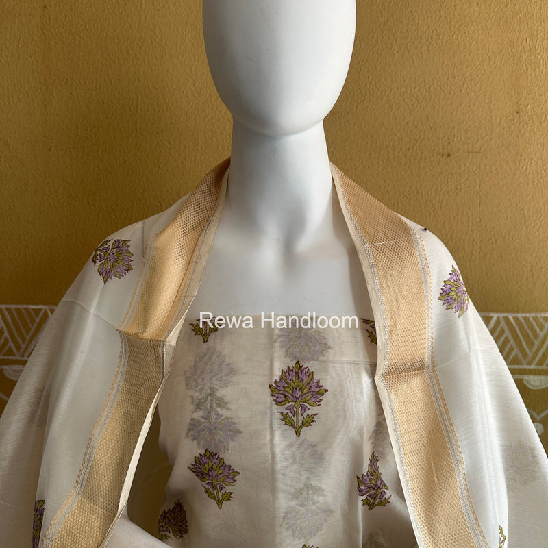 Maheshwari White Handblock Print Top-Dupatta HBS0154