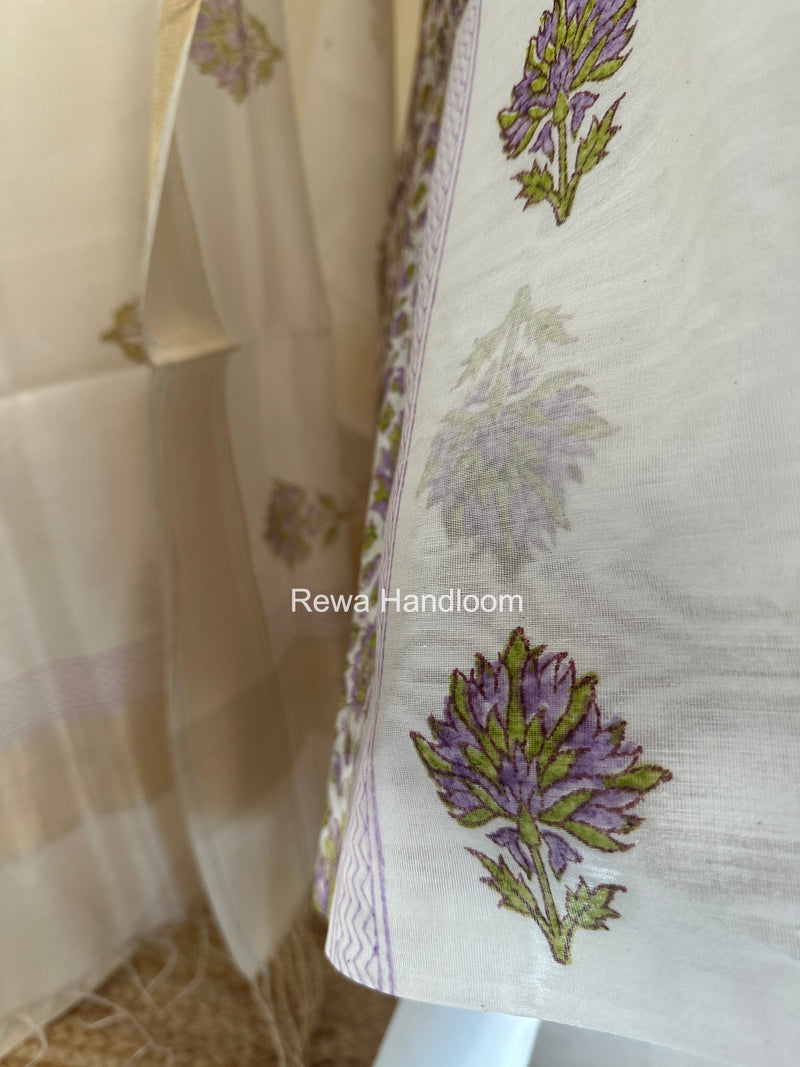 Maheshwari White Handblock Print Top-Dupatta HBS0154