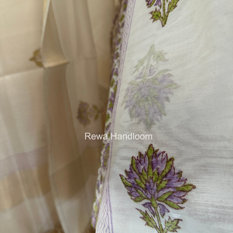Maheshwari White Handblock Print Top-Dupatta HBS0154