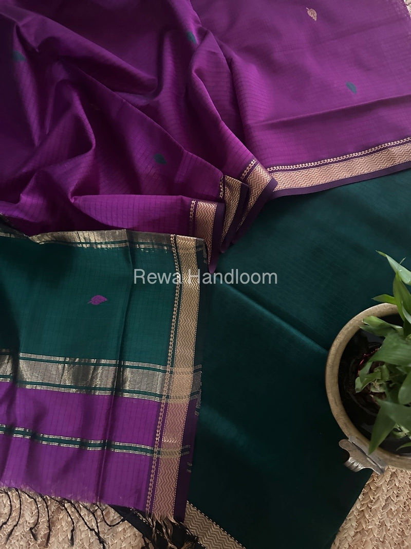 Maheshwari Green-Dark Purple Motifs Top-Dupatta Set PST0168
