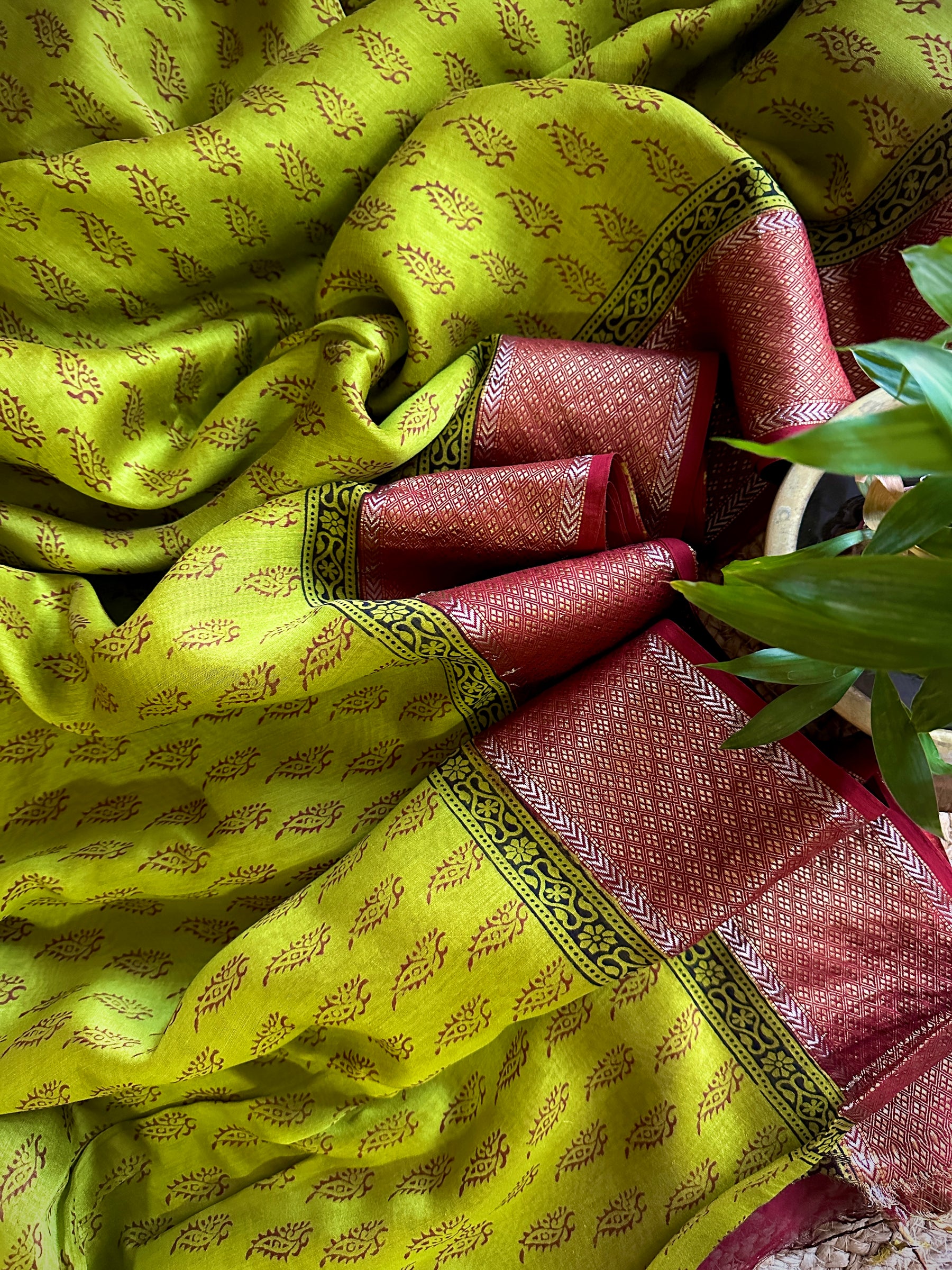 Maheshwari Green - Red Bagh Print Saree