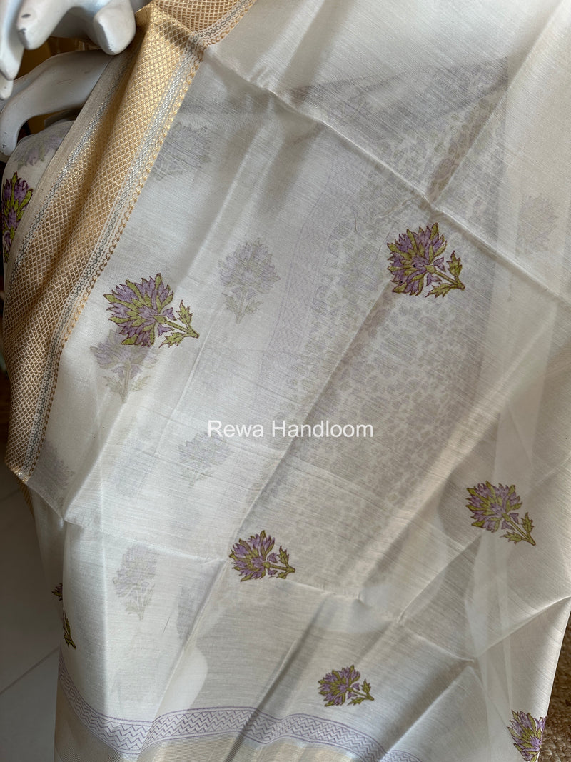 Maheshwari White Handblock Print Top-Dupatta HBS0154