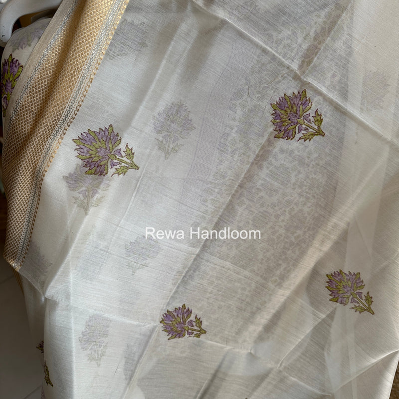 Maheshwari White Handblock Print Top-Dupatta HBS0154