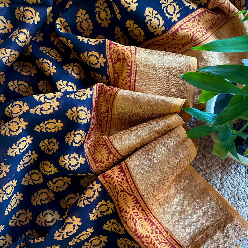 Maheshwari Black - Mustard Bagh Print Saree