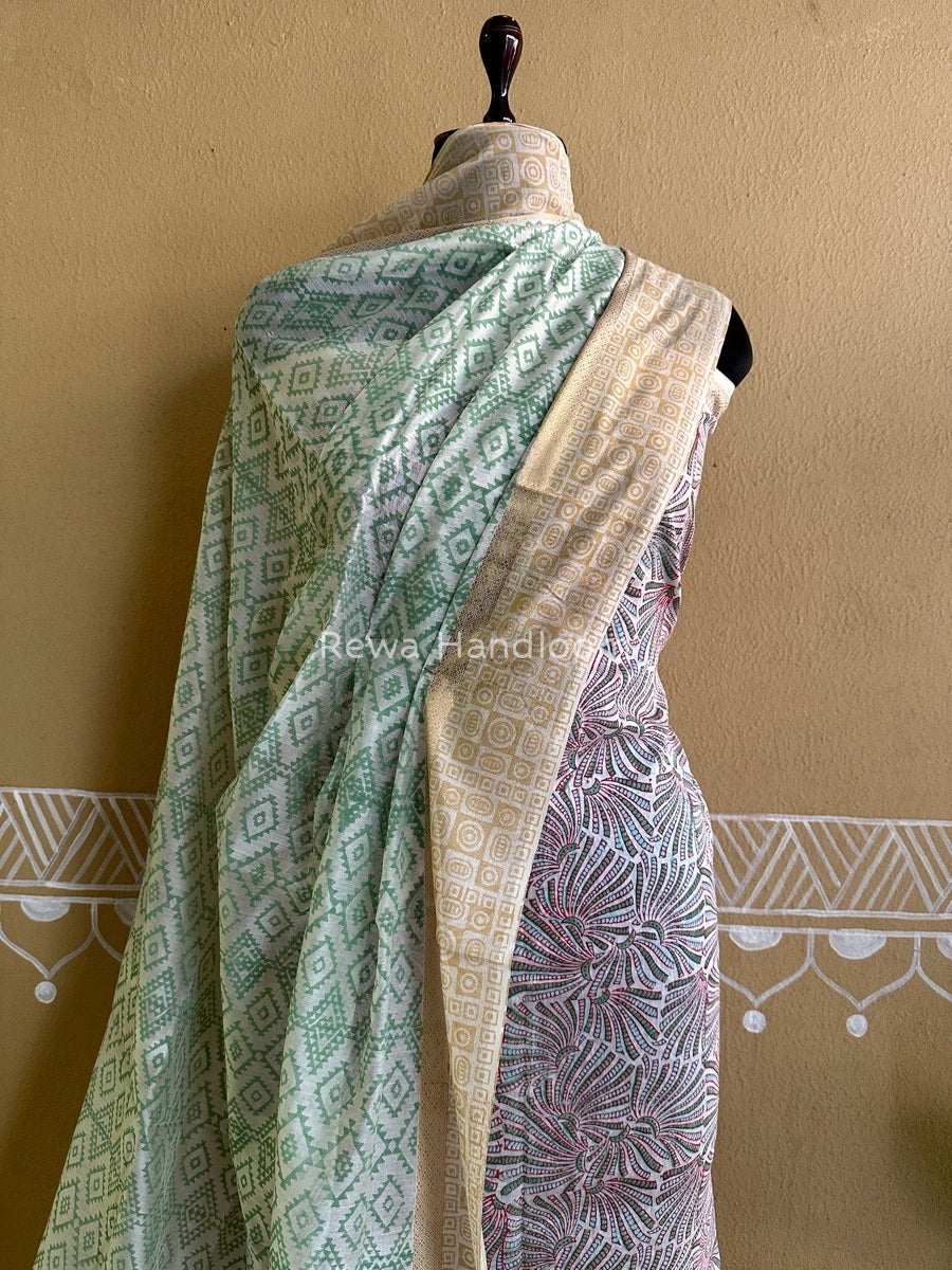 Maheshwari Green-White Handblock Print Top-Dupatta HBS085