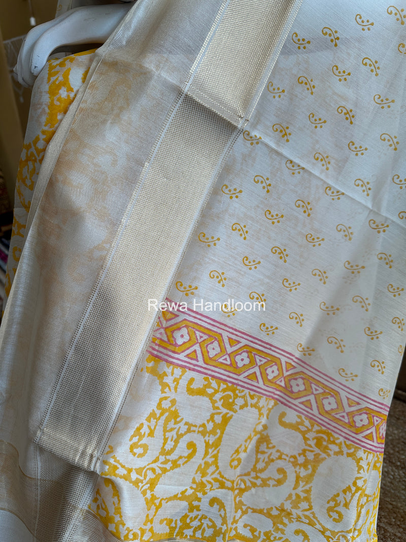 Maheshwari Yellow Handblock Print Top-Dupatta HBS0205